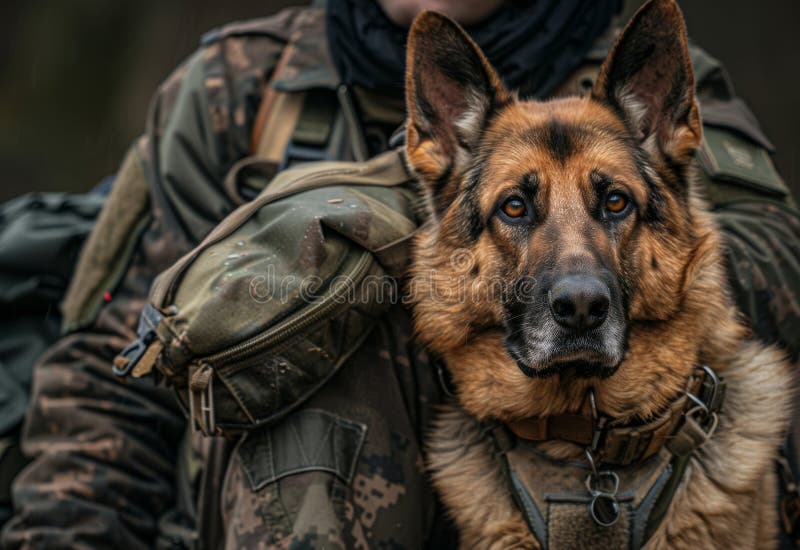 German shepherd dog sits on the shoulder of soldier in military uniform. AI generated. German shepherd dog sits on the shoulder of soldier in military uniform. AI generated
