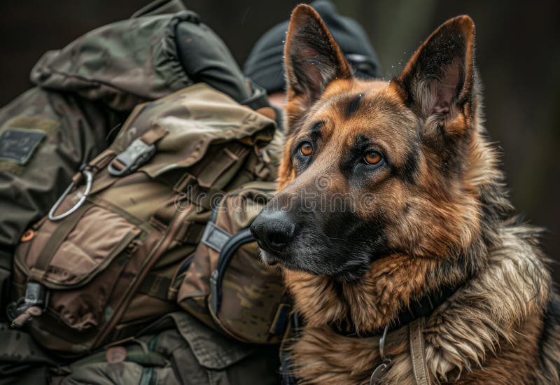 German shepherd sits next to backpack and soldier in forest. AI generated. German shepherd sits next to backpack and soldier in forest. AI generated