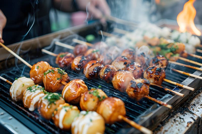Γευστικά κεφτεδάκια στο Skewer Italistreet Food στο Γκριλ Τέλεια μαγειρεμένο με Glaze Aro στοκ φωτογραφία με δικαίωμα ελεύθερης χρήσης