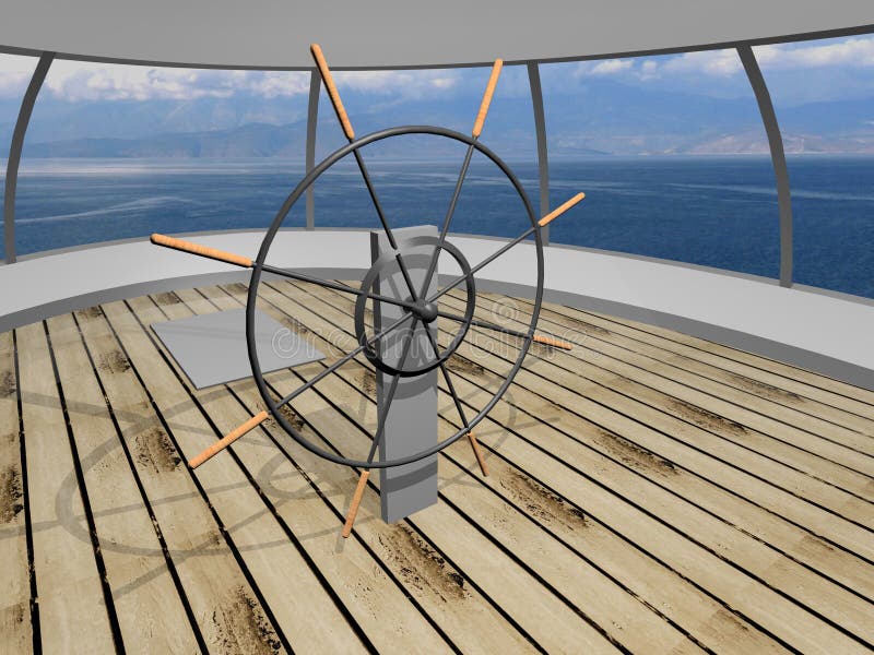 Wooden yacht deck with a steering wheel and panoramic view. Wooden yacht deck with a steering wheel and panoramic view