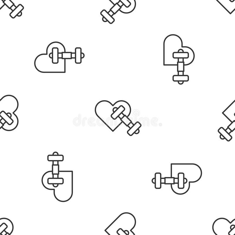 Γκρι γραμμή Dumbbell με εικονίδιο καρδιάς απομονωμένο ομαλό μοτίβο σε λευκό φόντο. Βαρέλι για ανύψωση μυών ελεύθερη απεικόνιση δικαιώματος