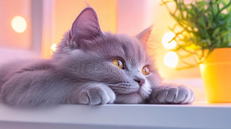 Γκρι πορτρέτο γάτας Chartreux με χρυσά μάτια σε ζεστό φως απεικόνιση αποθεμάτων