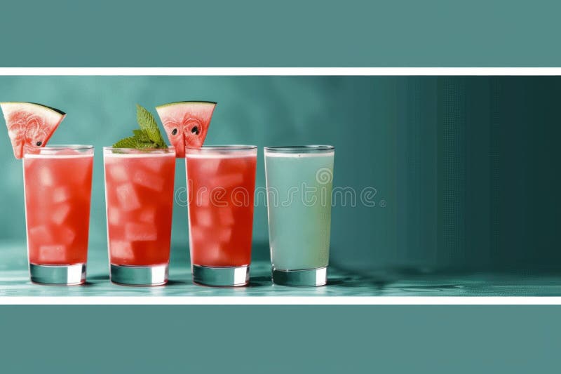 Fresh Watermelon and Mint Cocktails in Glasses on a Turquoise Background. AI generated. Fresh Watermelon and Mint Cocktails in Glasses on a Turquoise Background. AI generated