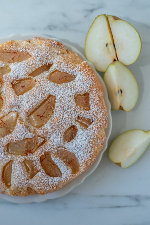 sweet home made french vanilla pear pie on a table. sweet home made french vanilla pear pie on a table