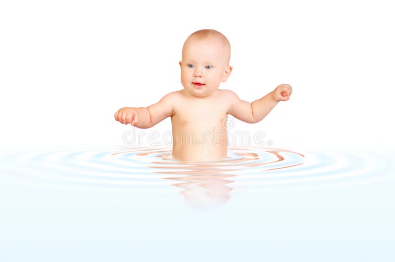 Sweet baby smiling in the water. Over white background. Sweet baby smiling in the water. Over white background