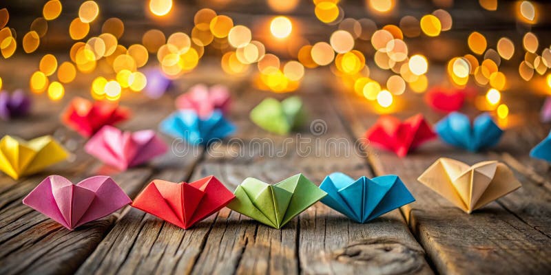 Γοητευτικές Καρδιές Origami για την Ημέρα του Αγίου Βαλεντίνου σε Ρουστίκ Ξύλινο Φόντο με Απαλά Φώτα Bokeh για μια Ρομαντική και Ε ελεύθερη απεικόνιση δικαιώματος