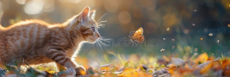 Enchanting scene of a playful cat chasing a delicate butterfly, capturing the beauty of nature i. AI generated. Enchanting scene of a playful cat chasing a delicate butterfly, capturing the beauty of nature i. AI generated