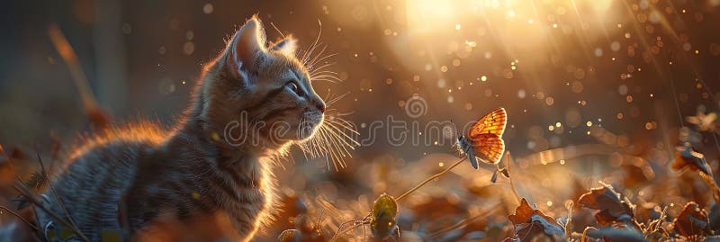 Enchanting scene of a playful cat chasing a delicate butterfly, ca. AI generated. Enchanting scene of a playful cat chasing a delicate butterfly, ca. AI generated