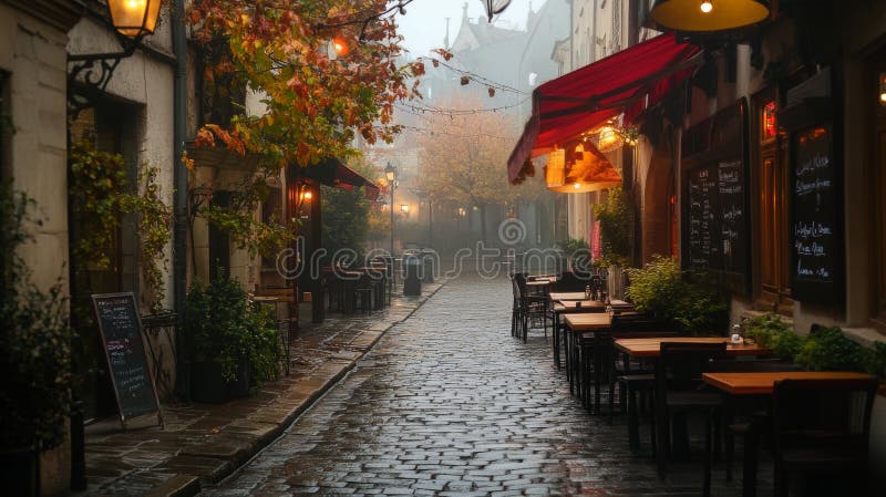 Γοητευτικό καφενείο της οδού Cobblestone με ζωντανή σηματοδότηση σε μια μαγευτική ατμόσφαιρα στοκ εικόνες