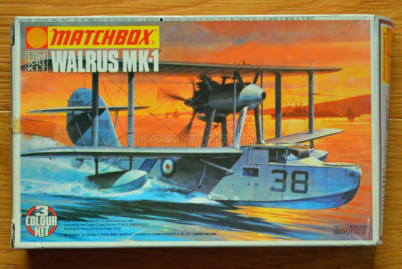 Box of vintage Matchbox plastic model kit 1:72 scale of a Supermarine Walrus Mk. I seaplane including instruction manual, plastic frames with parts in different colours and decals in Royal Air Force colors. Box of vintage Matchbox plastic model kit 1:72 scale of a Supermarine Walrus Mk. I seaplane including instruction manual, plastic frames with parts in different colours and decals in Royal Air Force colors.