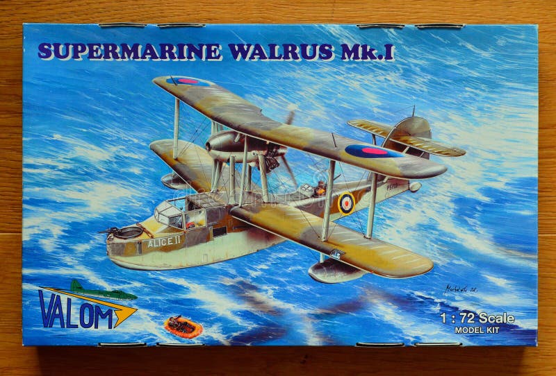 Czech Valom plastic model kit 1:72 scale of a Supermarine Walrus Mk. I seaplane with instruction manual, plastic frames with parts in different colours and decals in Royal Air Force colors. Czech Valom plastic model kit 1:72 scale of a Supermarine Walrus Mk. I seaplane with instruction manual, plastic frames with parts in different colours and decals in Royal Air Force colors.