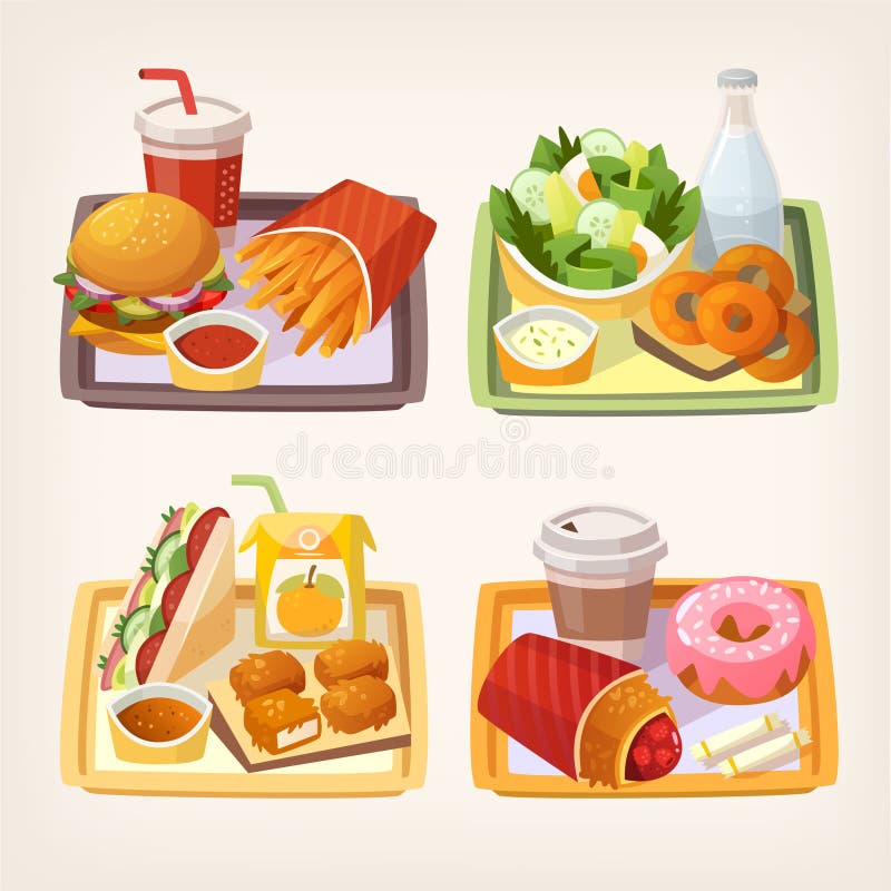 Tasty fast food and street food lunch on a tray. Quick meal dishes. Set of vector illustrations. Tasty fast food and street food lunch on a tray. Quick meal dishes. Set of vector illustrations