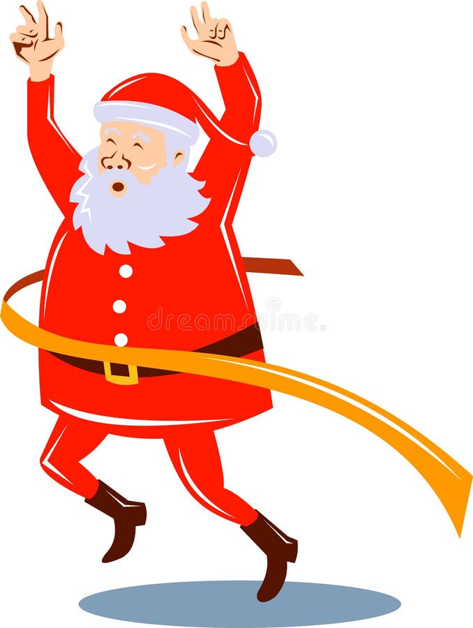 Vector illustration of Santa Claus running a marathon and crossing the finish line isolated on white. Vector illustration of Santa Claus running a marathon and crossing the finish line isolated on white