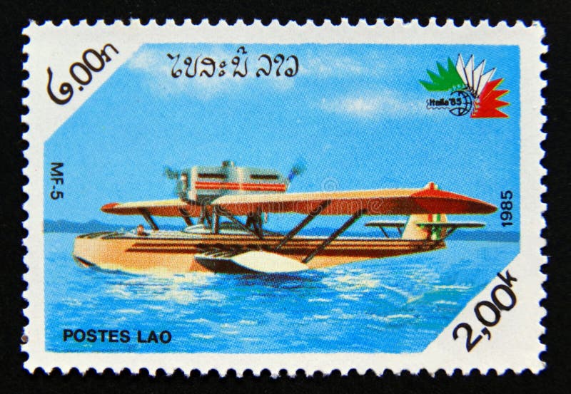 Post stamp printed in laos, 1985. Mf-5 flying boat aircraft. Value 1 lao kip. Post stamp printed in laos, 1985. Mf-5 flying boat aircraft. Value 1 lao kip.