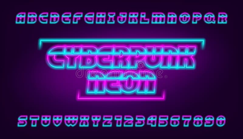 γραμματοσειρά cyberpunk neon alphabet. λαμπερά γράμματα και αριθμοί. διανυσματική απεικόνιση