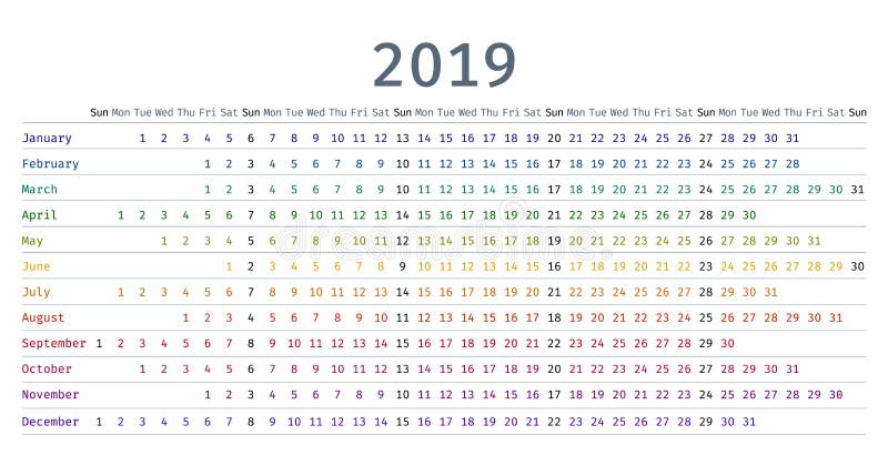 γραμμικό ημερολόγιο του 2019 στο απλό ύφος επίσης corel σύρετε το διάνυσμα απεικόνισης διανυσματική απεικόνιση γραμμικό ημερολόγιο του 2019 στο απλό ύφος επίσης corel σύρετε το διάνυσμα απεικόνισης διανυσματική απεικόνιση