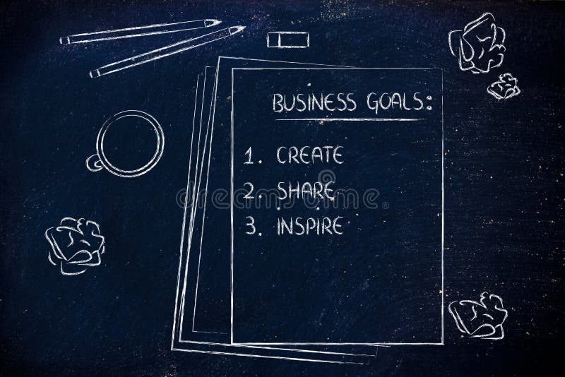 Office table with business goals list:create, share, inspire. Office table with business goals list:create, share, inspire