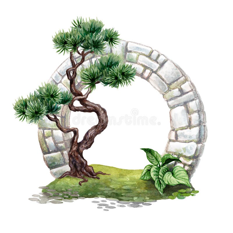 γραφικό clip art zen σχέδιο κήπου στοιχείο στρογγυλό τόξο πύλης και δέντρο bonsai. πνευματική φύση απομονωμένο στο ελεύθερη απεικόνιση δικαιώματος