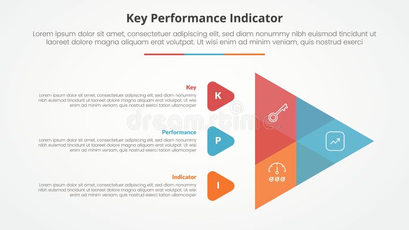 KPI key performance indicator model infographic concept for slide presentation with creative venn arrow shape with 3 point list with flat style vector. KPI key performance indicator model infographic concept for slide presentation with creative venn arrow shape with 3 point list with flat style vector