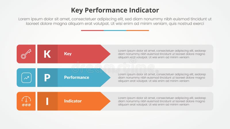 KPI key performance indicator model infographic concept for slide presentation with rectangle arrow stack with 3 point list with flat style vector. KPI key performance indicator model infographic concept for slide presentation with rectangle arrow stack with 3 point list with flat style vector