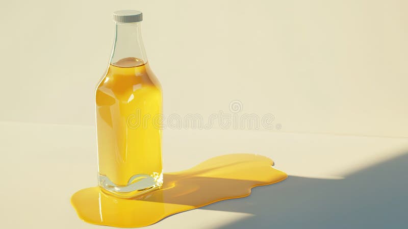 γυάλινη φιάλη κίτρινου υγρού χυθεί πάνω σε μια επιφάνεια δημιουργώντας μια ζωντανή λακκούβα το μεσημέρι. ένα διάφανο γυάλινο φιαλίδιο γεμάτο με κίτρινο υγρό στέκεται όρθιο πάνω σε μια επιφάνεια με κάποιο υγρό να έχει χυθεί νερό.