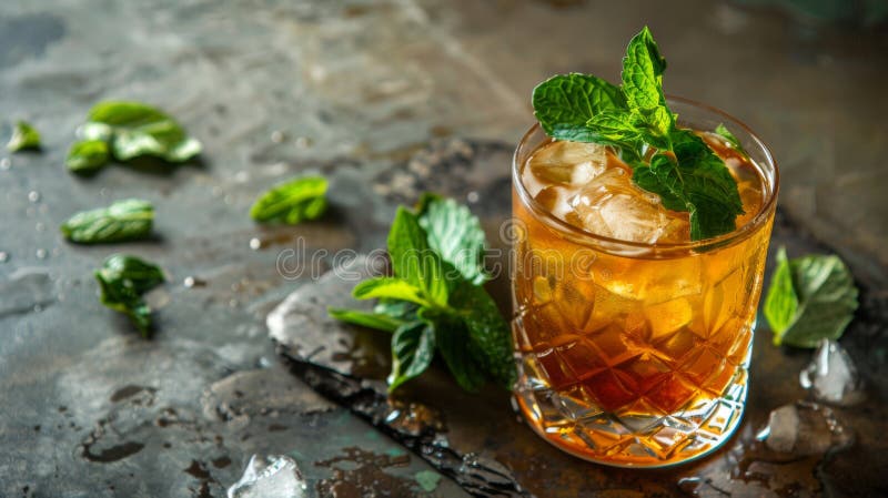 Glass filled with ice cubes topped with mint leaves on a wooden table. AI generated. Glass filled with ice cubes topped with mint leaves on a wooden table. AI generated