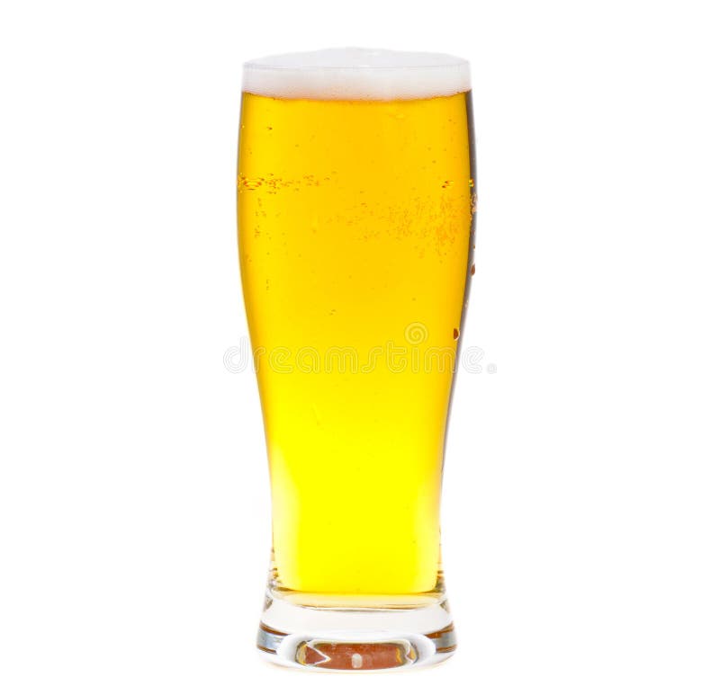 Close up of beer glass with bubbles and foam isolated on white. Close up of beer glass with bubbles and foam isolated on white