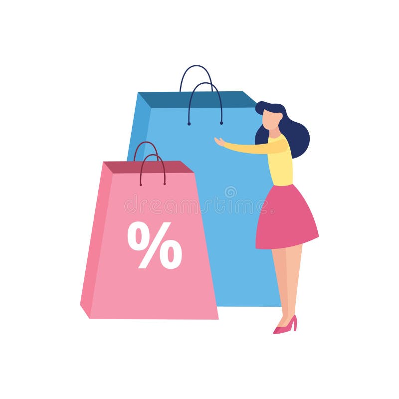 Shopping addiction - woman cartoon character with grocery bags, flat vector illustration isolated on white background. Bad habits and unhealthy psychological behavior. Shopping addiction - woman cartoon character with grocery bags, flat vector illustration isolated on white background. Bad habits and unhealthy psychological behavior.