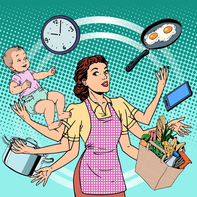 Housewife work time family success woman pop art retro style. A woman plans the time and manages to do everything around the house. Child care, work via smartphone, cooking, household chores. Housewife work time family success woman pop art retro style. A woman plans the time and manages to do everything around the house. Child care, work via smartphone, cooking, household chores.