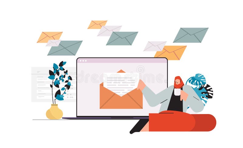 arab businesswoman sending or receiving letters email inbox message notification new unread mail business communication concept horizontal full length vector illustration. arab businesswoman sending or receiving letters email inbox message notification new unread mail business communication concept horizontal full length vector illustration