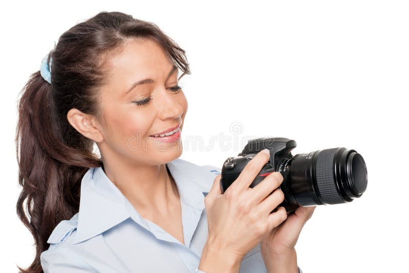 Γυναίκα με το dslr στοκ εικόνες
