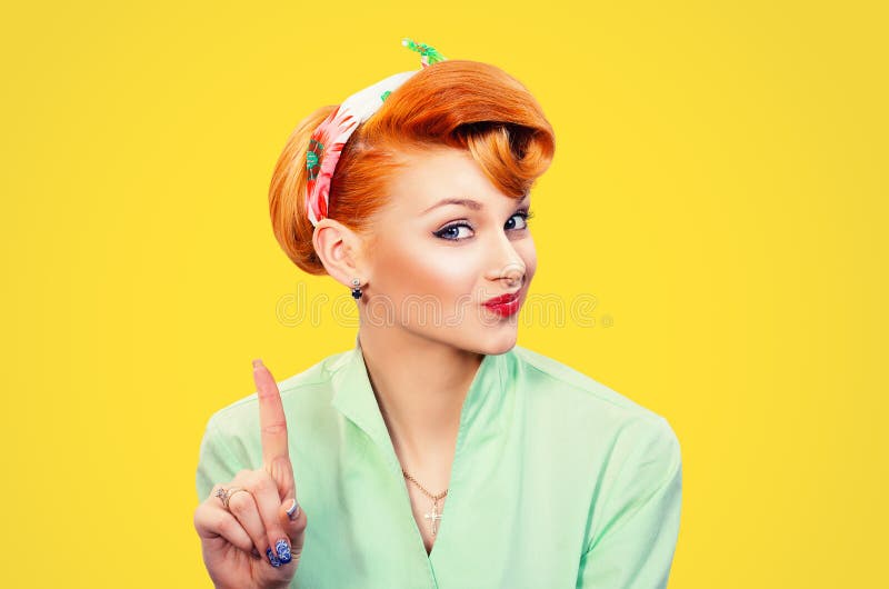 Woman gesturing a no sign. Closeup portrait unhappy, serious pinup retro style girl raising finger up saying oh no you did not do that yellow background. Negative emotions facial expressions, feelings. Woman gesturing a no sign. Closeup portrait unhappy, serious pinup retro style girl raising finger up saying oh no you did not do that yellow background. Negative emotions facial expressions, feelings