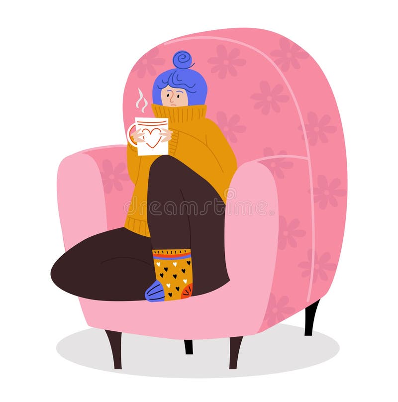 Woman character sitting cozy armchair, female drink warm coffee tea isolated on white, flat vector illustration. Winter and autumn mood state, person relax warm clothes soft seat place. Woman character sitting cozy armchair, female drink warm coffee tea isolated on white, flat vector illustration. Winter and autumn mood state, person relax warm clothes soft seat place.