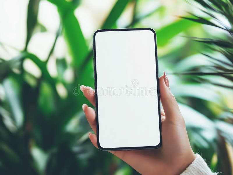 γυναίκα που κρατά ένα smartphone με κενή οθόνη μπροστά από ένα ανοιχτό πράσινο φυτό απεικόνιση αποθεμάτων