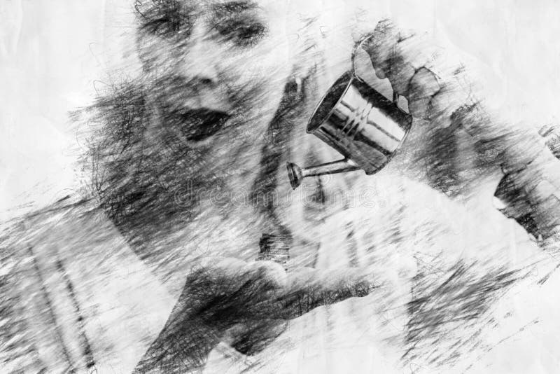 γυναίκα που πτερύγιζε κέρματα με δοχείο νερού σε στυλ σχεδίασης με μολύβι