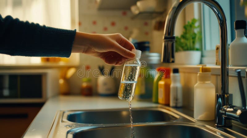 Γυναίκα που ρίχνει καθαρό υγρό από ένα μικρό μπουκάλι στο νεροχύτη της κουζίνας περιτριγυρισμένη από προμήθειες καθαρισμού που δίν διανυσματική απεικόνιση
