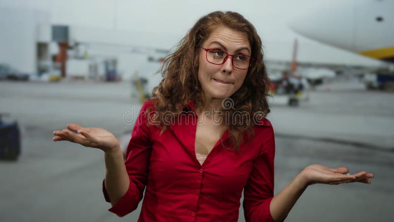 Γυναίκα τυλίγει κόκκινο πουκάμισο στο παραλιακό αεροδρόμιο με αεροπλάνο στο παρασκήνιο, παρουσιάζοντας το θέμα του ταξιδιού σε εξω στοκ φωτογραφία