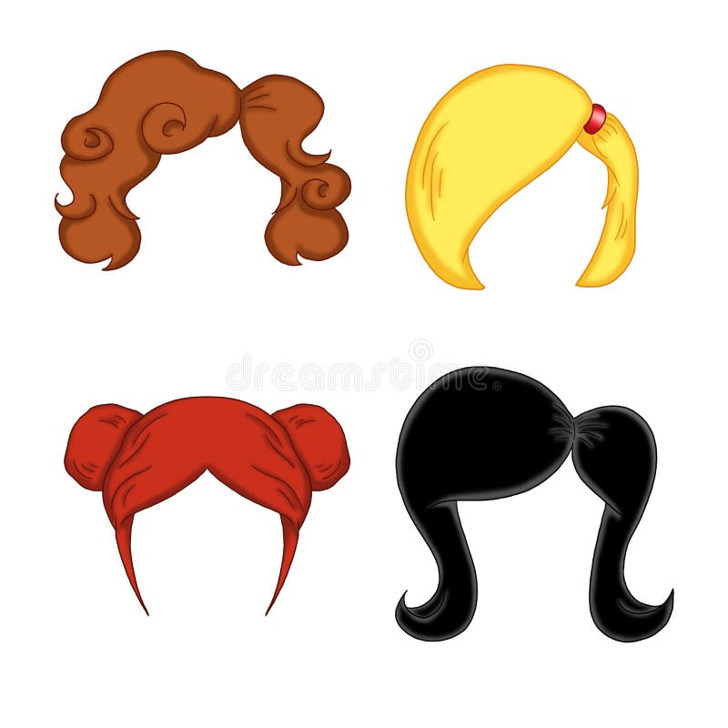 Illustration of different style of hair for woman of different colours. Illustration of different style of hair for woman of different colours