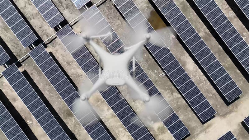 Γωνία αέρος πάνω από ένα UAV drone που πετάει βραδεία κίνηση σε εξωτερικό χώρο πάνω από μια συστοιχία ηλιακών πάνελ απόθεμα βίντεο