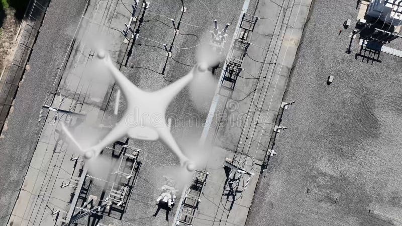 Γωνία αέρος πάνω από ένα UAV τετράκυκλο που πετάει βραδεία κίνηση σε εξωτερικό χώρο πάνω από έναν ηλεκτρικό σταθμό απόθεμα βίντεο