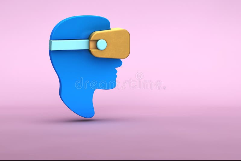 3d illustration of  flat lay modern minimal man head in golden virtual reality glasses icon with shadow on pastel colored pink. 3d illustration of  flat lay modern minimal man head in golden virtual reality glasses icon with shadow on pastel colored pink