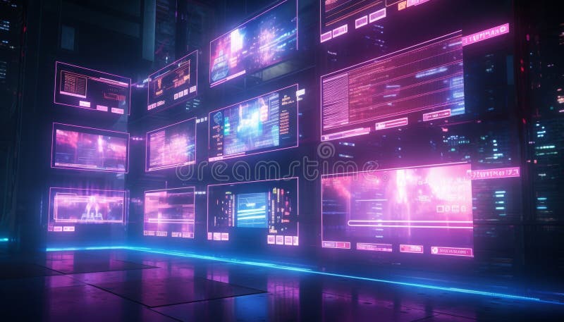 3δ απόδοση των οθονών δεδομένων του neon cyberpunk στην όψη τοίχου με φουτουριστική αισθητική ελεύθερη απεικόνιση δικαιώματος