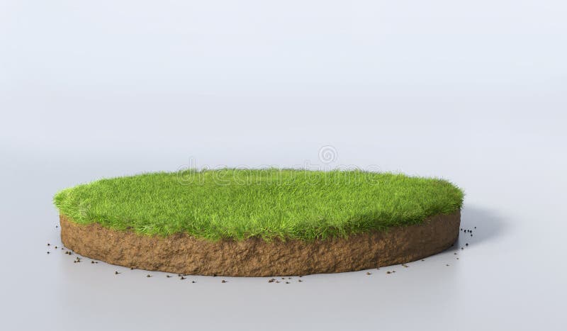 3D Illustration round soil ground cross section with earth land and green grass, realistic 3D rendering circle cutaway terrain floor with rock isolated. 3D Illustration round soil ground cross section with earth land and green grass, realistic 3D rendering circle cutaway terrain floor with rock isolated