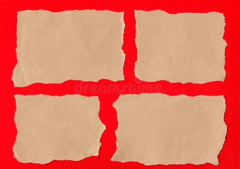 Collection of brown paper tears, isolated on red background for messages. Collection of brown paper tears, isolated on red background for messages