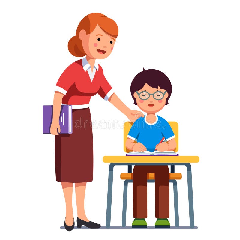 School teacher standing watching, helping, encouraging her student putting hand on his shoulder. Boy kid in glasses sitting at the desk and writing in exercise book. Flat vector illustration isolated. School teacher standing watching, helping, encouraging her student putting hand on his shoulder. Boy kid in glasses sitting at the desk and writing in exercise book. Flat vector illustration isolated.