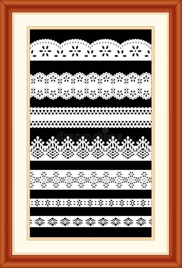 Seven vintage eyelet laces in cherry wood frame for sewing, decorating, scrapbooks, arts, crafts, gifts and celebrations. EPS8 organized in groups for easy editing. Seven vintage eyelet laces in cherry wood frame for sewing, decorating, scrapbooks, arts, crafts, gifts and celebrations. EPS8 organized in groups for easy editing.