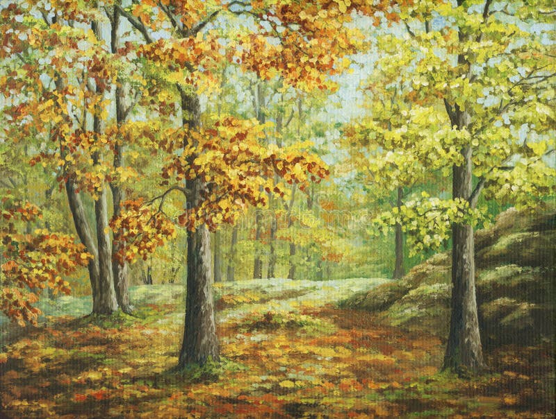 Picture oil paints on a canvas, landscape: autumn wood. Picture oil paints on a canvas, landscape: autumn wood