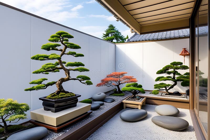 Δέντρα Bonsai σε έναν ιαπωνικό κήπο με αυλές απεικόνιση αποθεμάτων