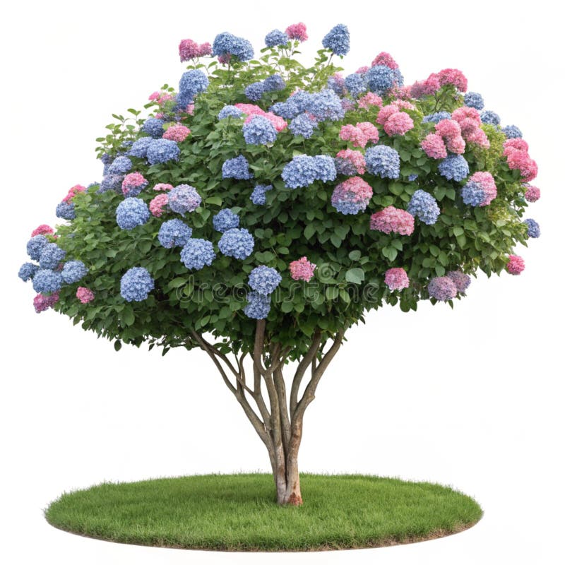 Δέντρο Hydrangea και χόρτο απομονωμένα σε διαφανές φόντο απεικόνιση αποθεμάτων