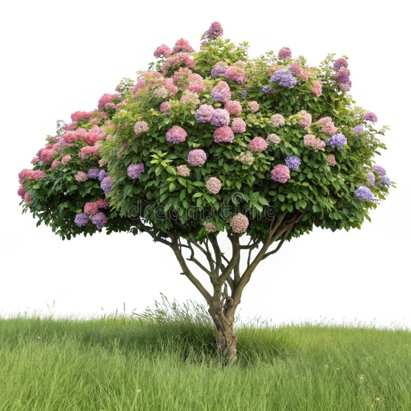 Δέντρο Hydrangea και χόρτο απομονωμένα σε διαφανές φόντο απεικόνιση αποθεμάτων